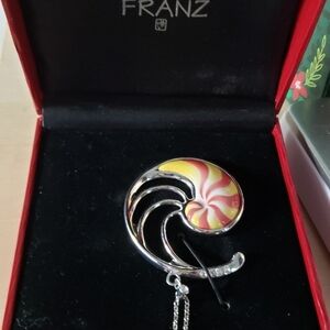 Silver and Yellow Brooch Silver Tone Franz Shell Design